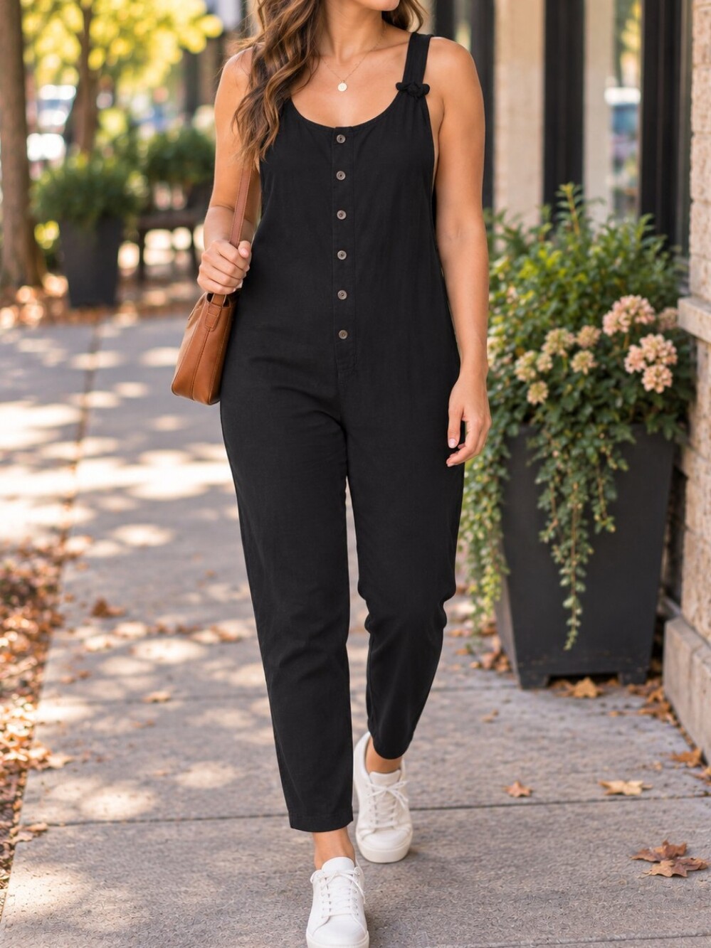 RD Style Black Button Front Slim Strap Stretch Ankle Jumpsuit Rayon Blend Casual